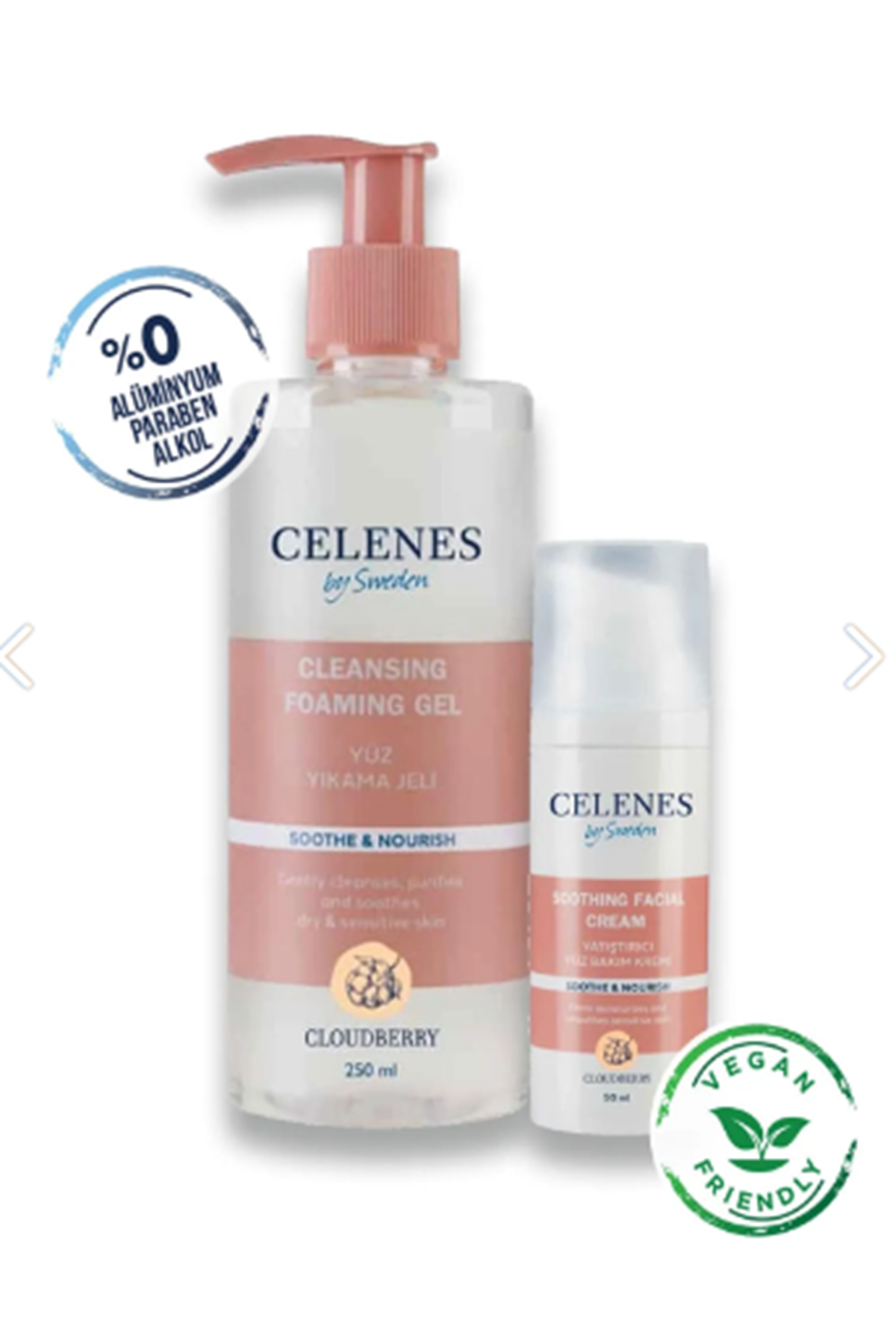 Celenes by Sweden Cloudberry Kuru Ve Hassas Ciltler Yüz yıkama Jeli+Yatıştırıcı Yüz Kremi