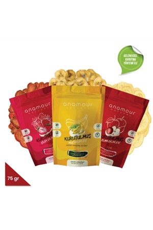 Anamour Natural Rengarenk Mini Paketi - Muz - Çilek - Elma Kurusu - 3'lü Paket Kuru Meyve 75g